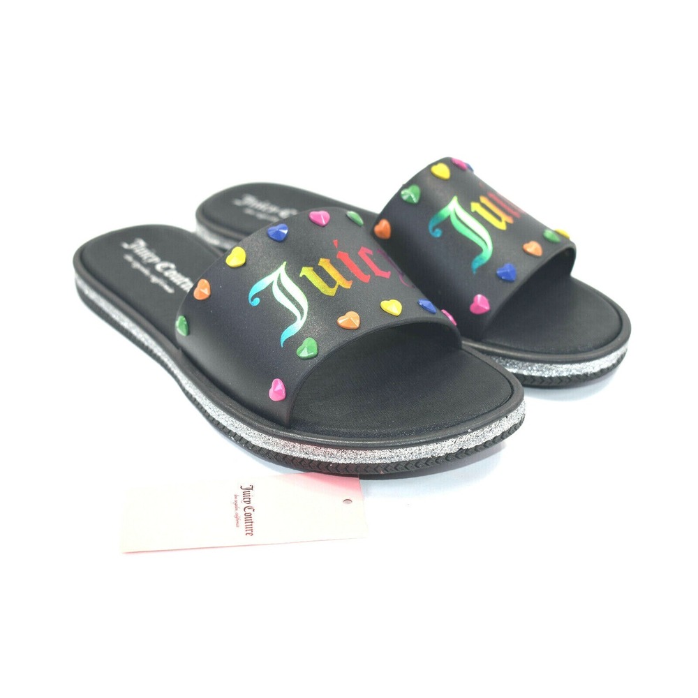 Juicy Couture Women's Rainbow Studded Slides Sandals Size 7 M Black Slip On Flat